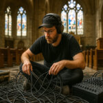 tech sitting on the floor in a church surrounded by a jumble of audio cables